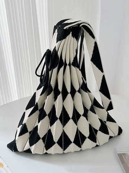 Contrast Color Drawstring Pleated Rhombus Woven Handbags