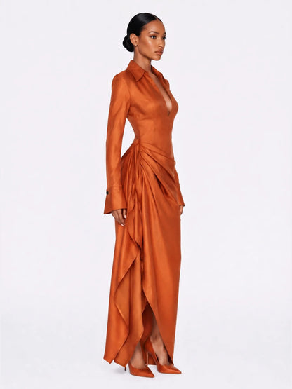 Scarlett Irregular Pleated Lapel Maxi Dress