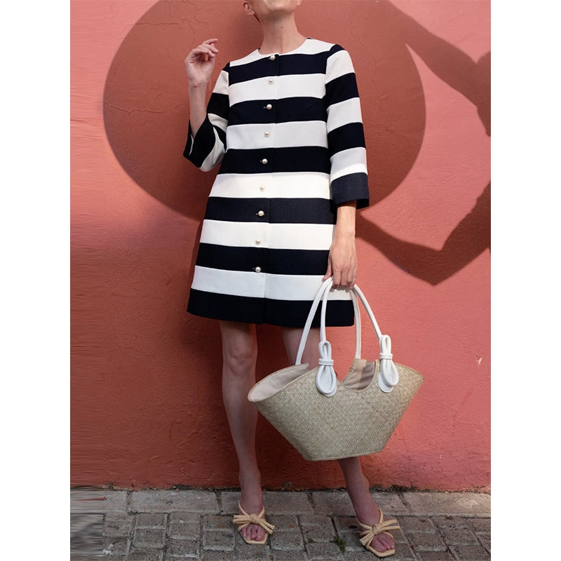Loose Three-quarter Sleeves Buttoned Striped Round-neck Jackets&Coats Outerwear