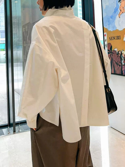 High-Low Long Sleeves Asymmetric Buttoned Solid Color Split-Side Lapel Blouses&Shirts Tops
