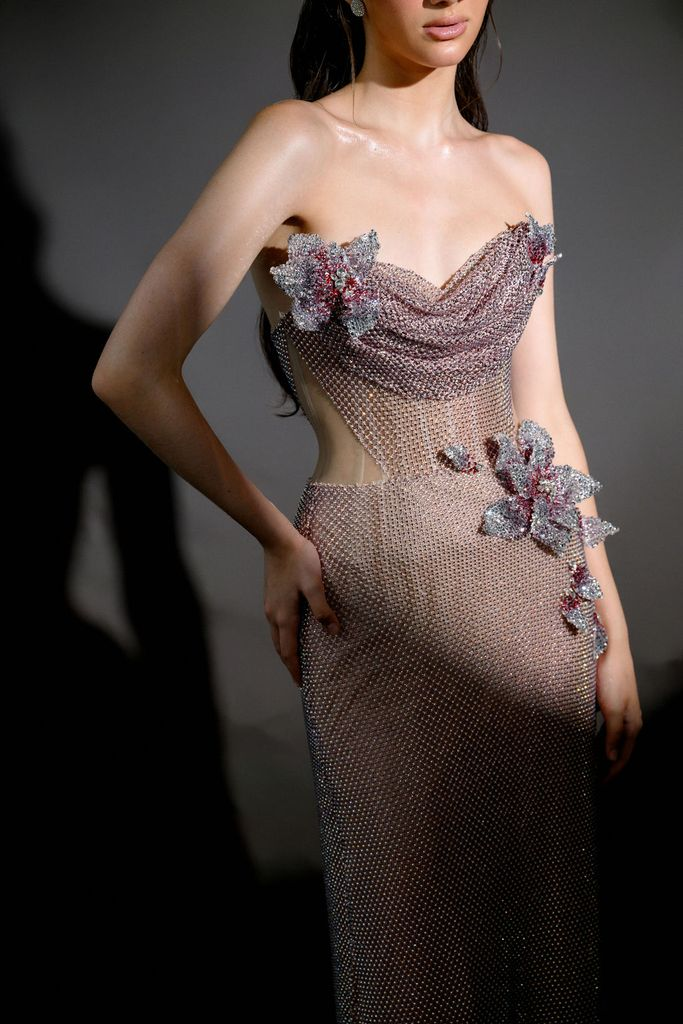 Strapless Floral Sparkly Maxi Dress Pink