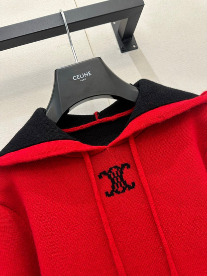 Celin Embroidered Hooded Sweater Red Wool 346089