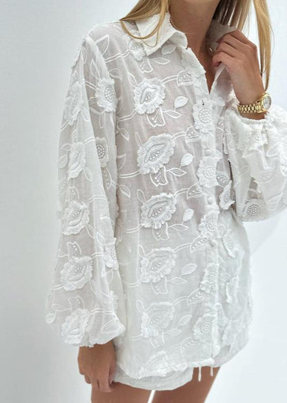 Sheer Embroidered Shirt And High Waist Shorts Set