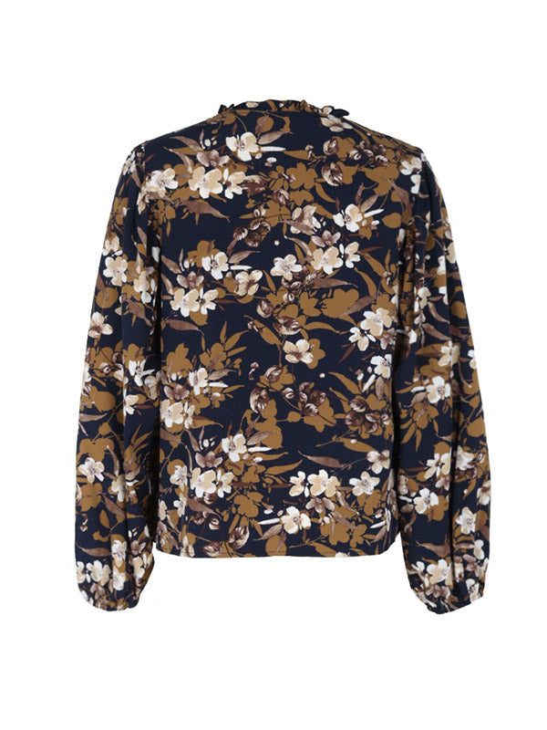 Long Sleeves Loose Flower Print V-Neck Blouses&Shirts Tops