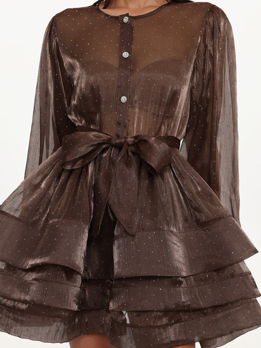 Esme Flowy Long Sleeve Ruffle Polka Dot Woven Mini Dress