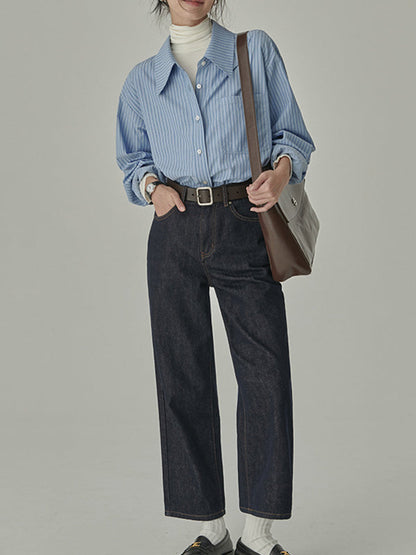 Loose Contrast Color Pockets Striped Blouses&Shirts Tops