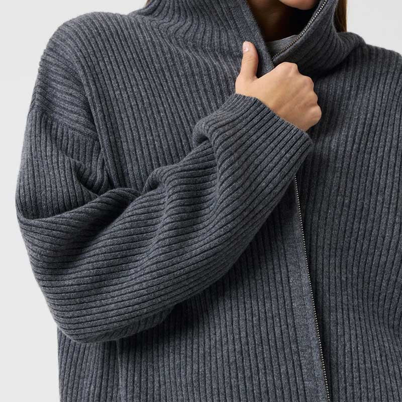 Simple Ribbed Knit Mock Neck Zip Up Cardigan