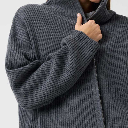Simple Ribbed Knit Mock Neck Zip Up Cardigan