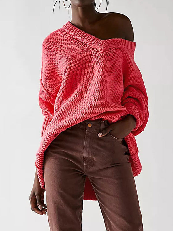 Long Sleeves Loose Solid Color Velvet V-Neck Pullovers Sweater Tops