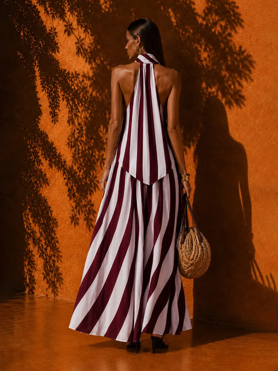 Evelynn Striped Halter-Neck Sleeveless Maxi Dress