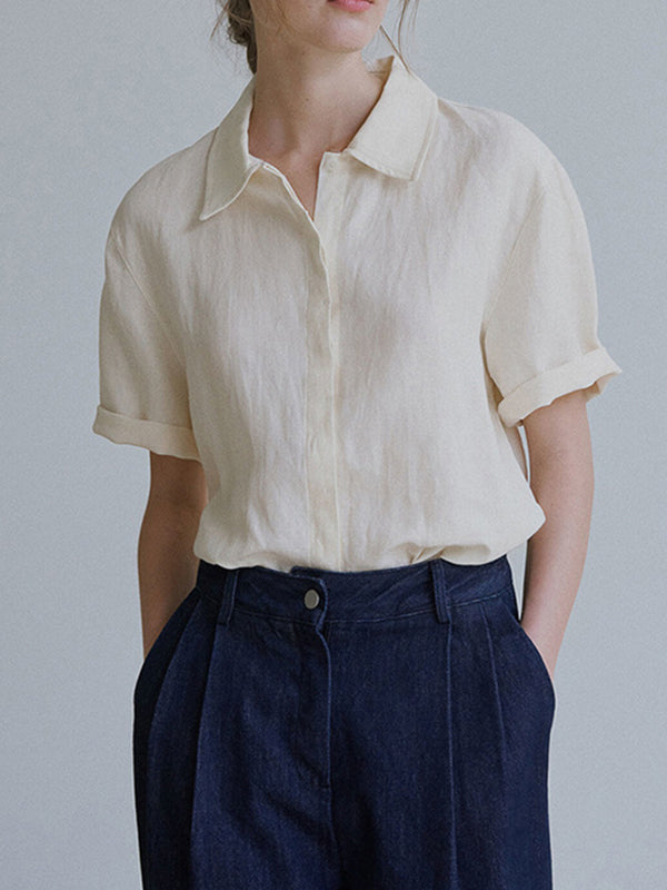 Loose Short Sleeves Buttoned Pleated Solid Color Split-Side Lapel Blouses&Shirts Tops