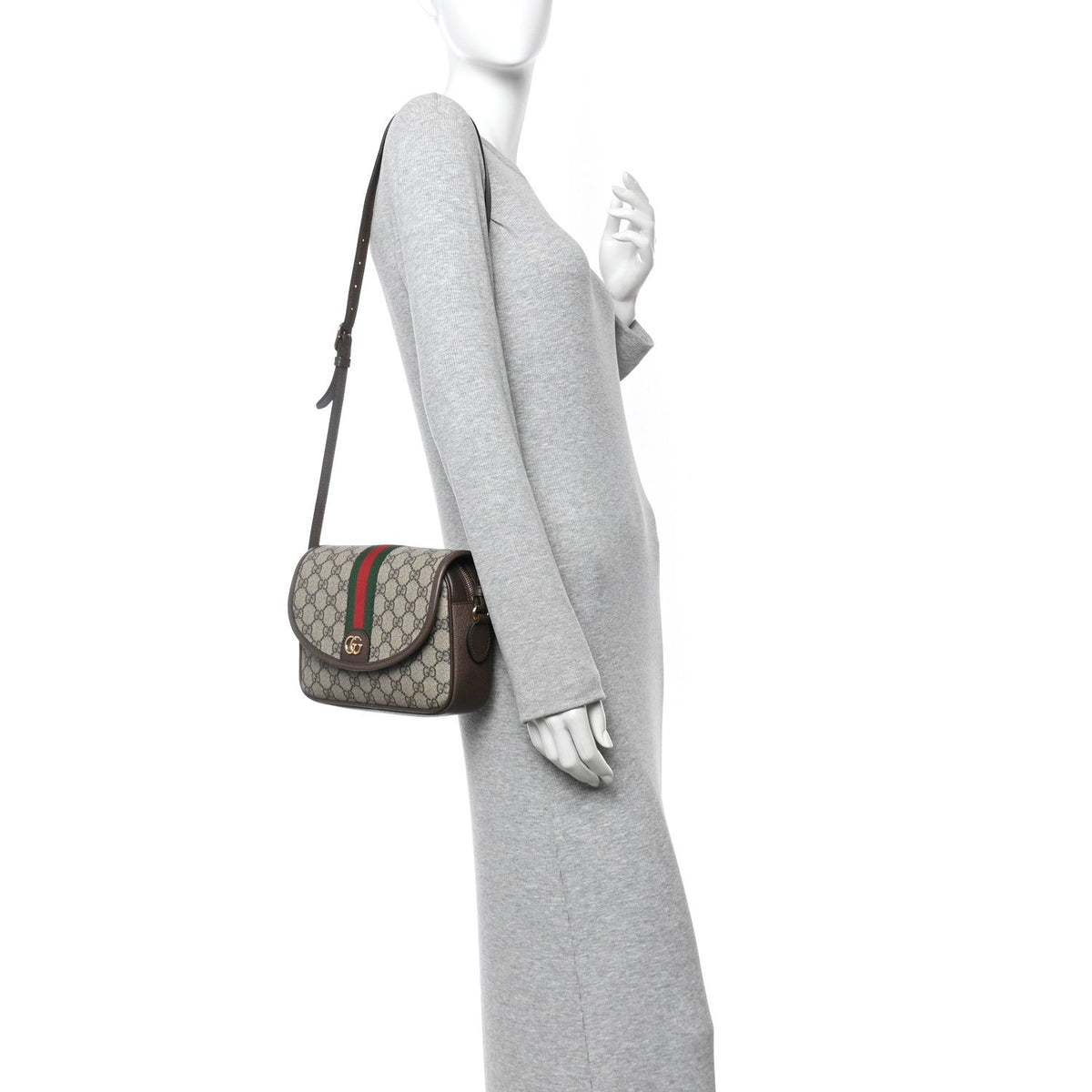 GG Supreme Monogram Textured Dollar Calfskin Web Studded Mini Ophidia Flap Shoulder Bag Beige Ebony New Acero