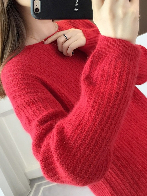 Simple Casual Loose 4 Colors Round-Neck Long Sleeves Sweater Top