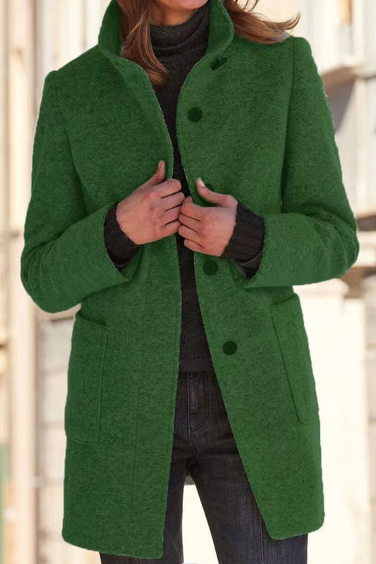 Retro Solid Color Button Stand Collar Wool Jacket