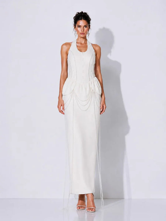Elodie Pearl-Beaded Halter-Neck Maxi Dress