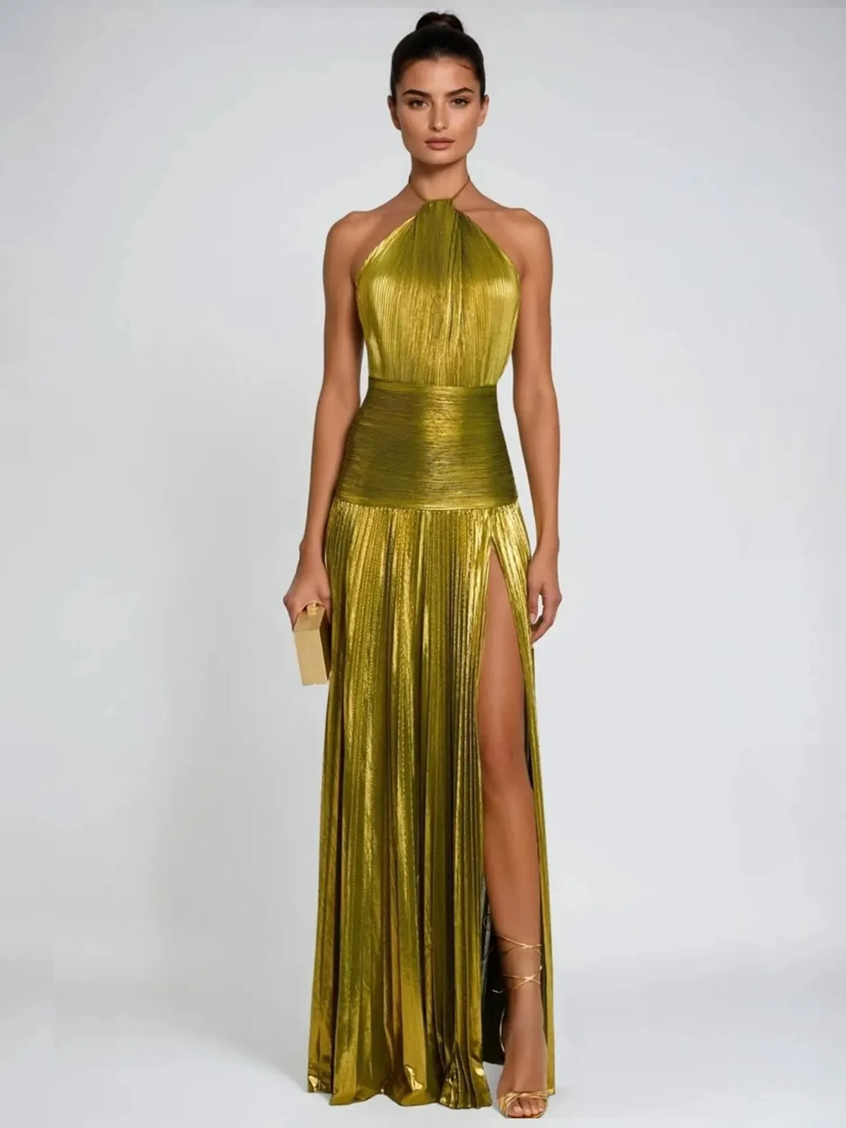 Amara Pleated Halter Maxi Dress with High Slit