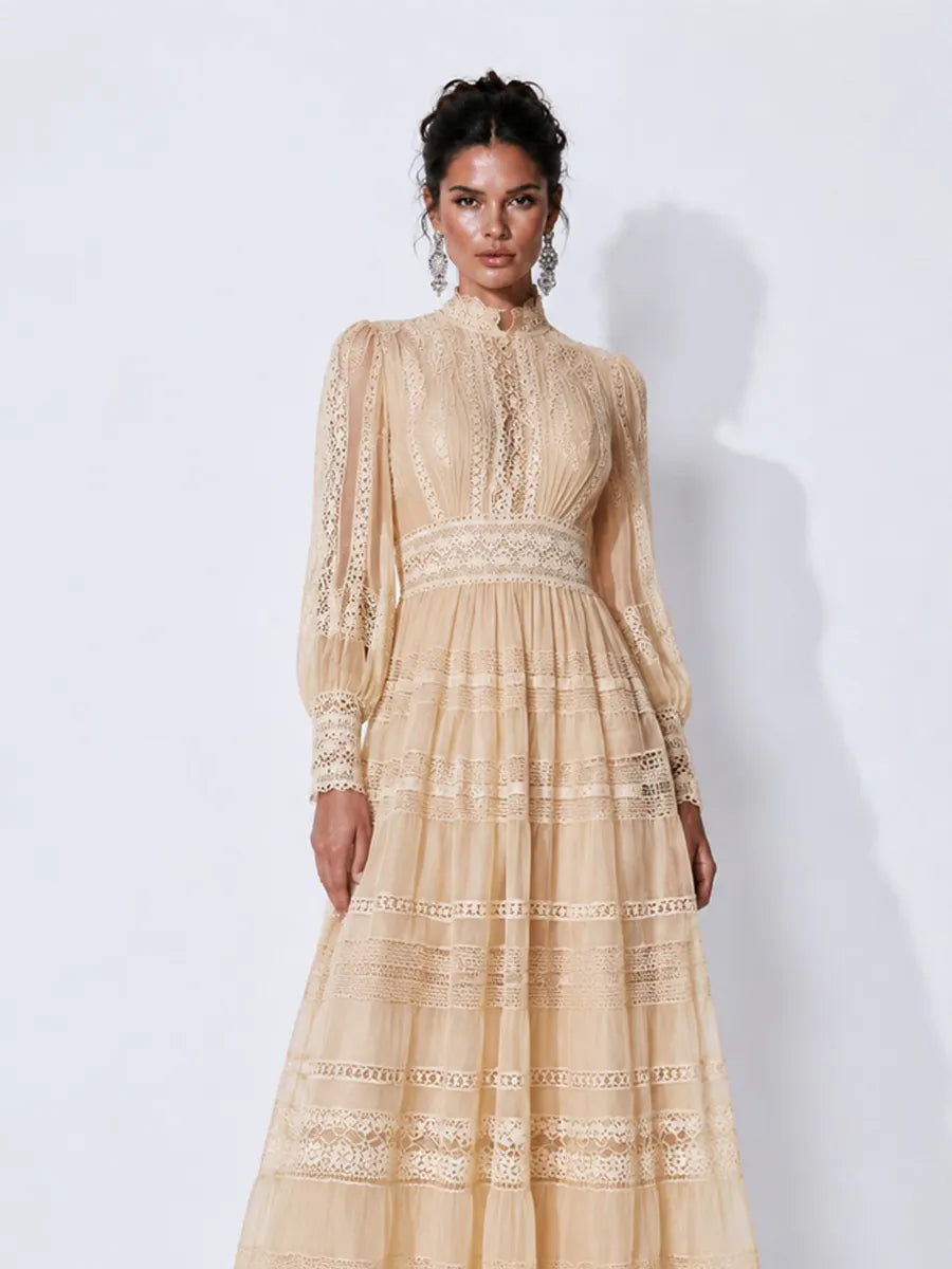 Camilla Lace-Panel Lantern-Sleeve Maxi Dress