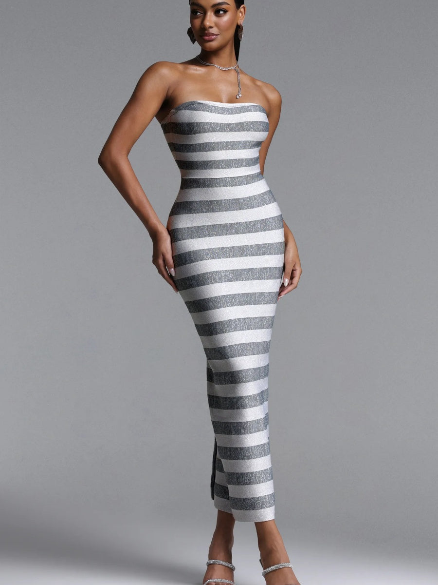 Chloe Striped Strapless Bandage Midi Dress