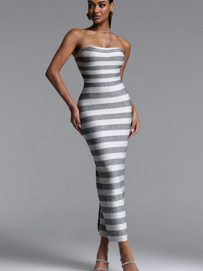 Chloe Striped Strapless Bandage Midi Dress