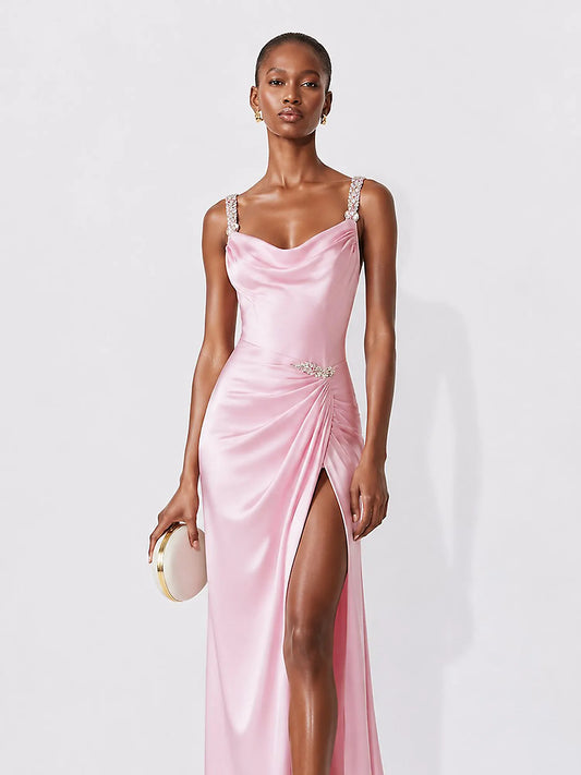 Raquel Rhinestone Satin Maxi Dress In Pink