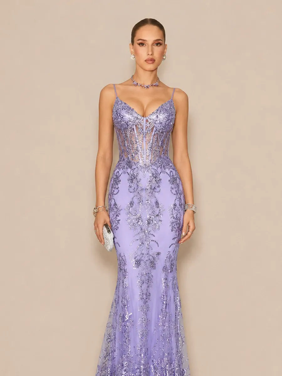 Aida Elegant Contour V Neck Sequin Purple Maxi Dress