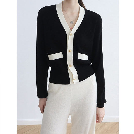 Color Block Knit V Neck Cardigan Sweater