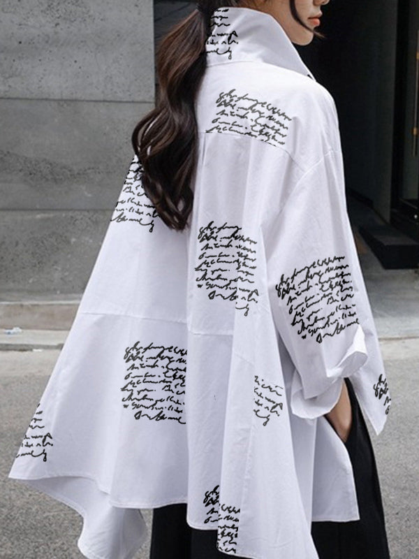Casual Letter Print High-Low Lapel Blouse