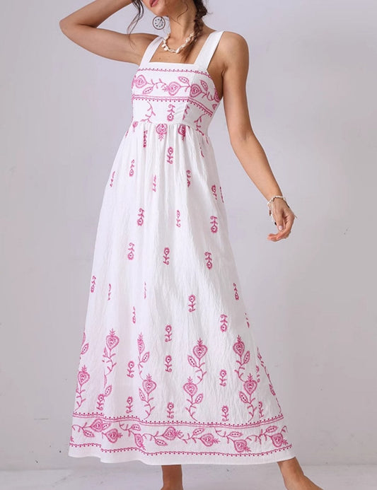 Floral Embroidered Backless Strap Maxi Dresses