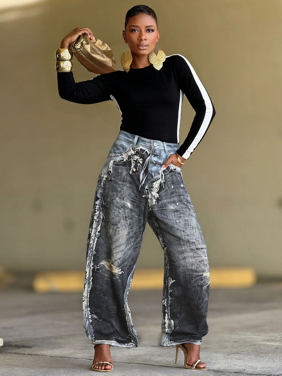 Chiara Distressed Faux Two-Piece 3D Printed Jeans