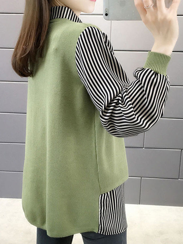 Original Loose Split-Joint 5 Colors Striped Round-Neck Long Sleeves False Two Sweater Top