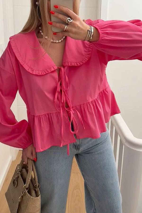 Solid Color Lace-Up Long Sleeve Cardigan Shirt