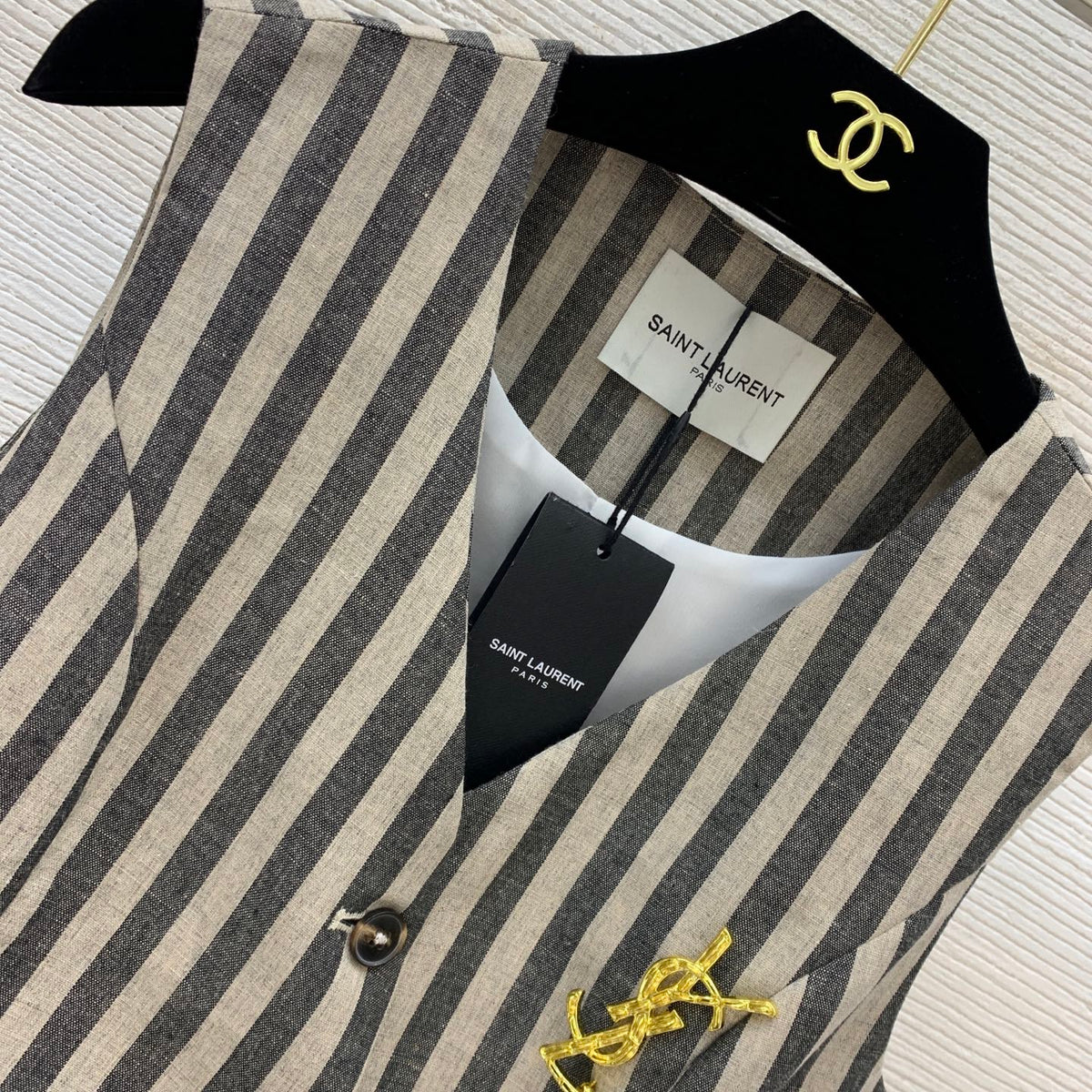 YSL Striped Two-piece Suit Beige mix Grey Linen