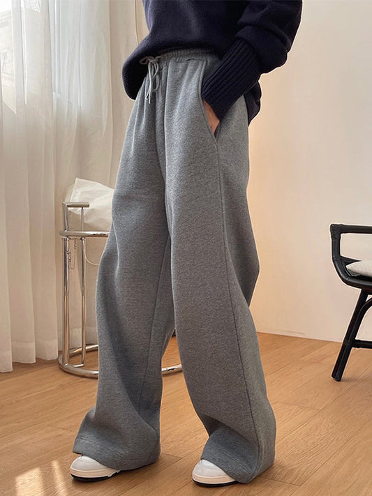Simple Solid Color Drawstring  Waist Velvet Casual Wide Leg Pants