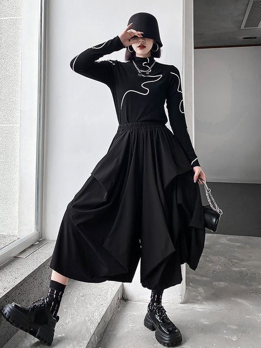 Fashion Irregularity Wide Leg Solid Color Elastic Waist Cropped Pants
