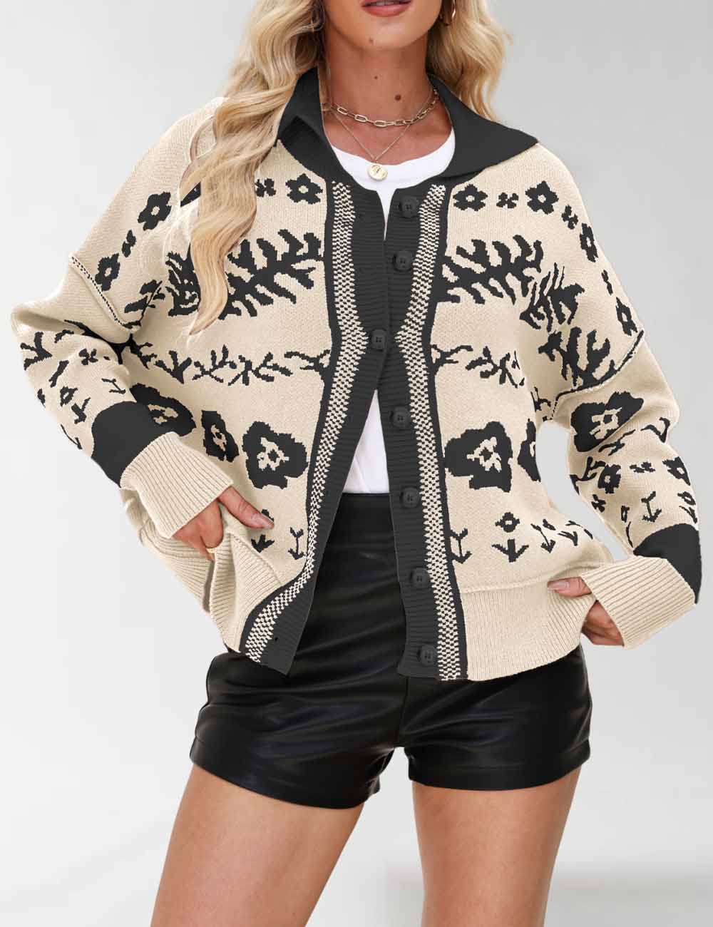 Vintage Floral Print Loose Knit Cardigan