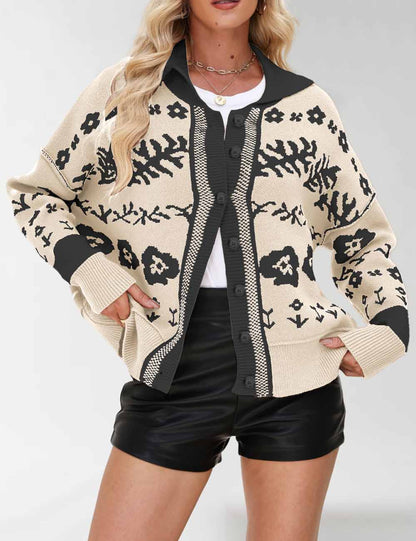 Vintage Floral Print Loose Knit Cardigan