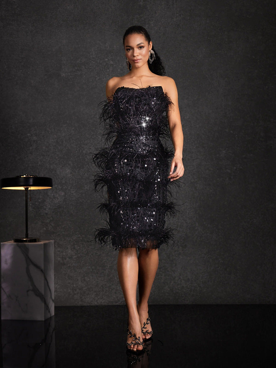 Annika Strapless Feather Sequin Midi Dress