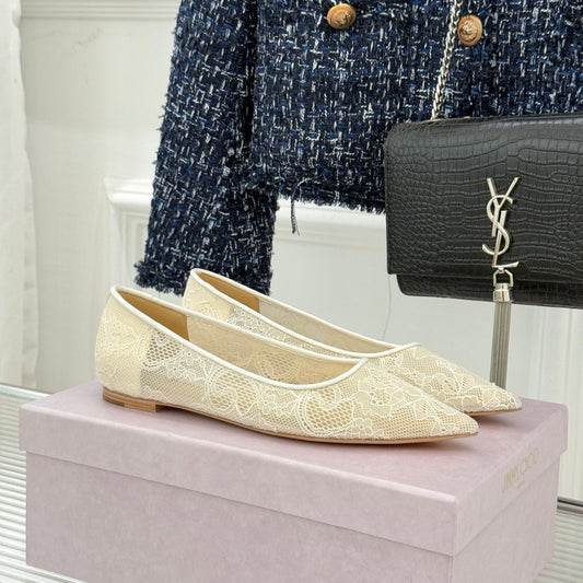 Jimmy Choo Classic Lace Pointed-Toe Ballet Flats Ivory Sheepskin 573527
