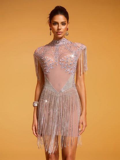 Evangeline Pearl Rhinestone Fringe Mesh Dress