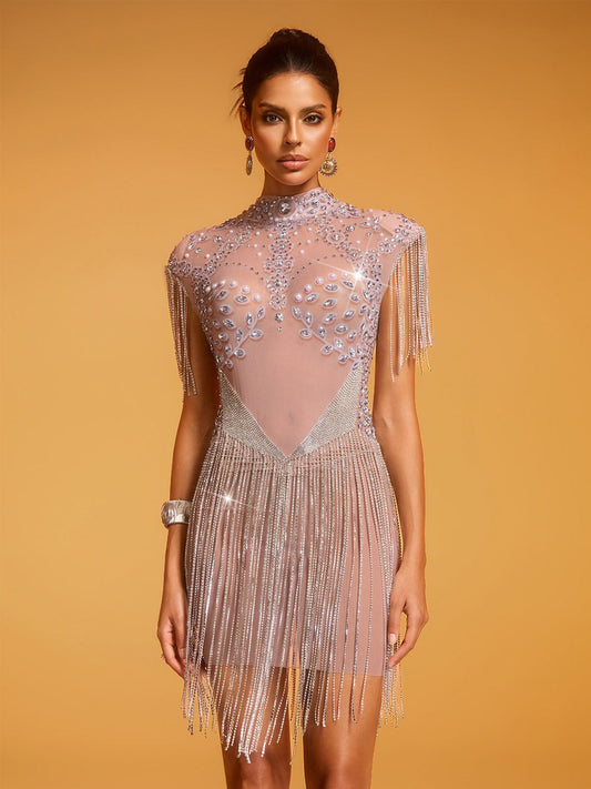 Evangeline Pearl Rhinestone Fringe Mesh Dress