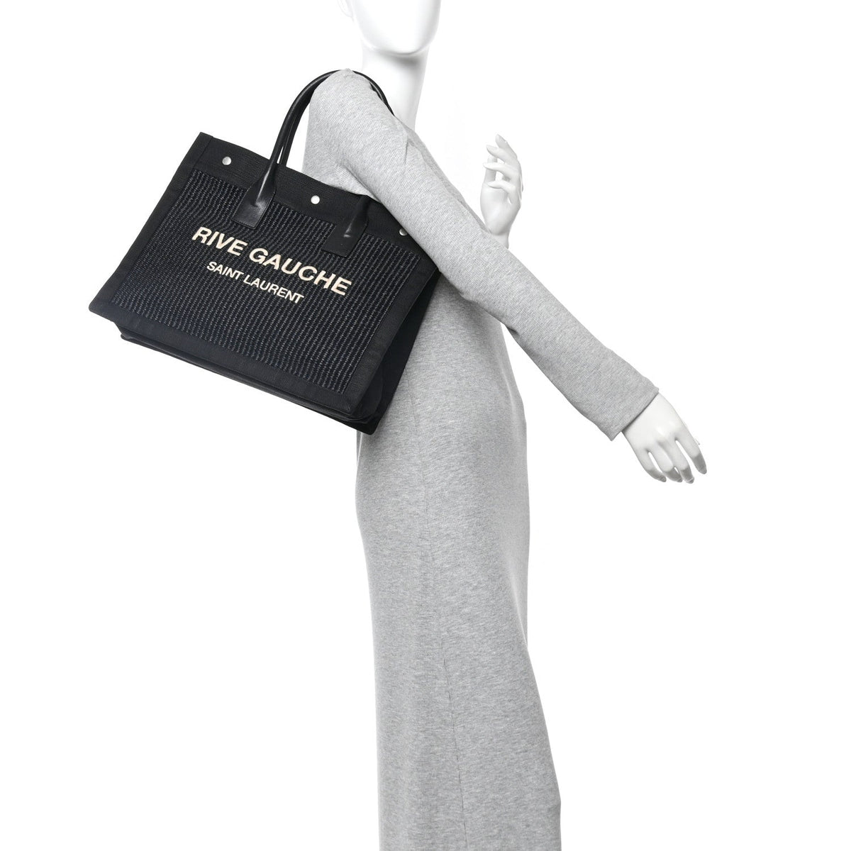 Raffia Linen Calfskin Rive Gauche Tote Black