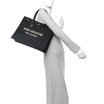 Raffia Linen Calfskin Rive Gauche Tote Black