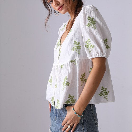Floral Embroidered V-Neck Puff Sleeves Shirt
