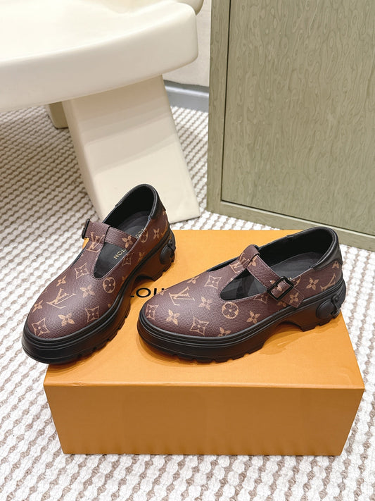 LV Squad Mary Jane Brown Black Monogram Canvas 556408