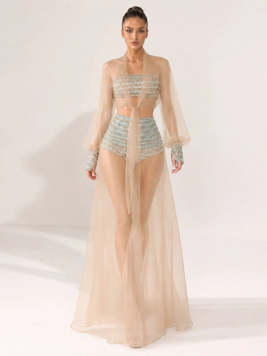 Celestia Rhinestone Sheer Mesh Three-Piece Set