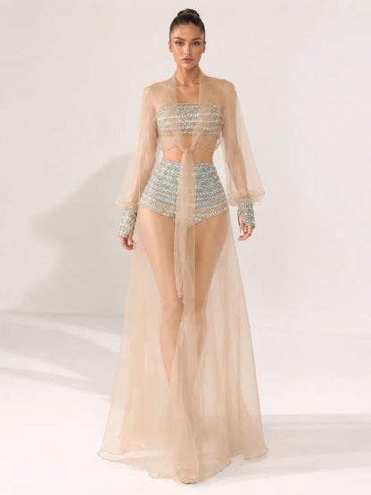 Celestia Rhinestone Sheer Mesh Three-Piece Set