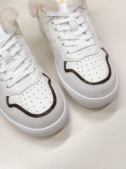 LV Stadium Sneaker White Brown Monogram Canvas Cowhide Wool 595426