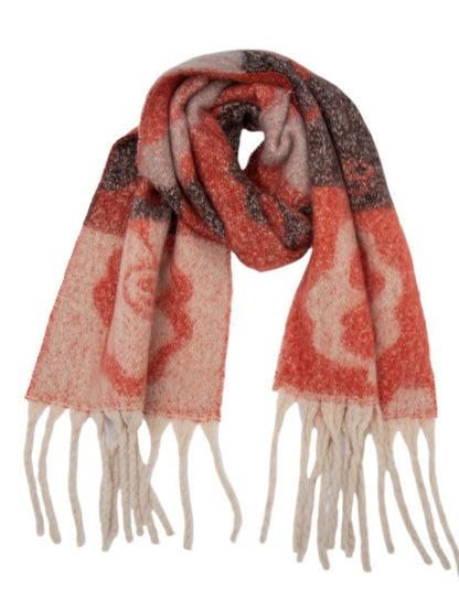 Scarvii - Retro Color-Block Fringe Scarf with Floral &amp; Leaf Patterns