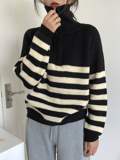 Urban Striped Zipper High-Neck Sweater Tops Pullovers