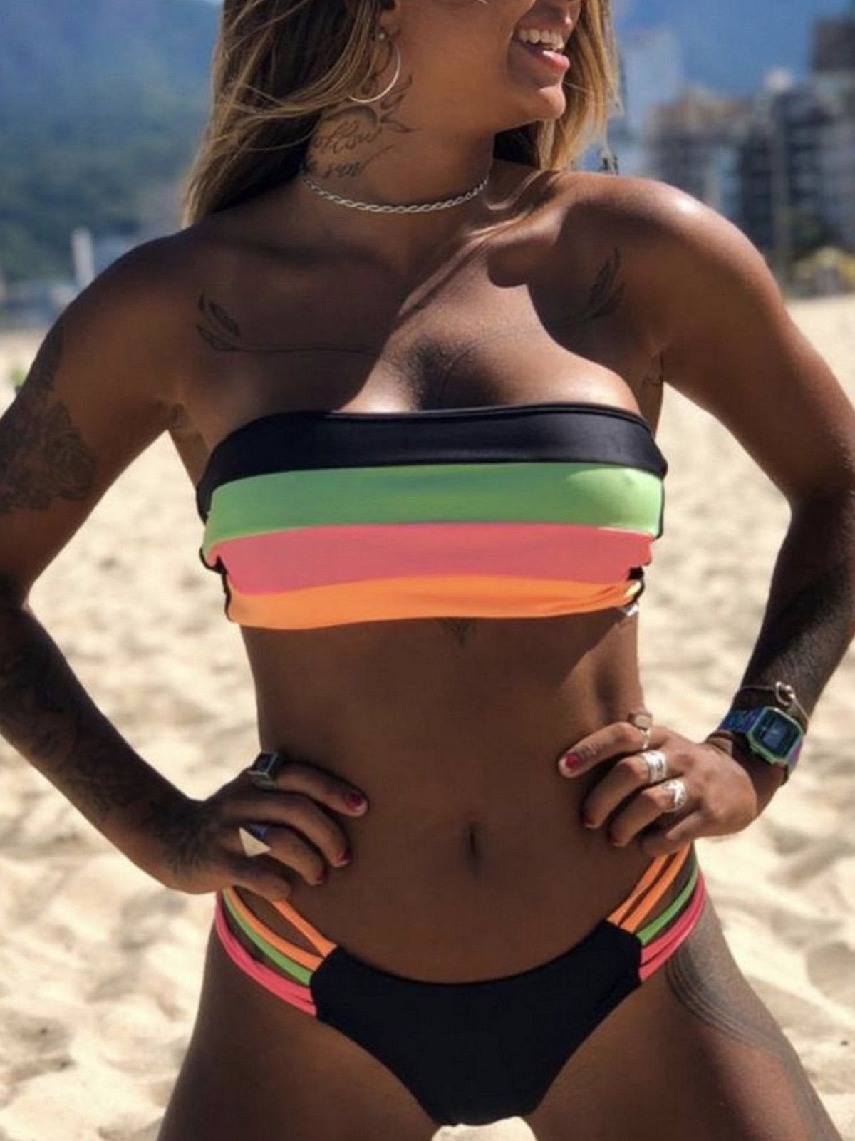 New European And American Women'S Fashion Split Bikini Stitching Striped Swimsuit